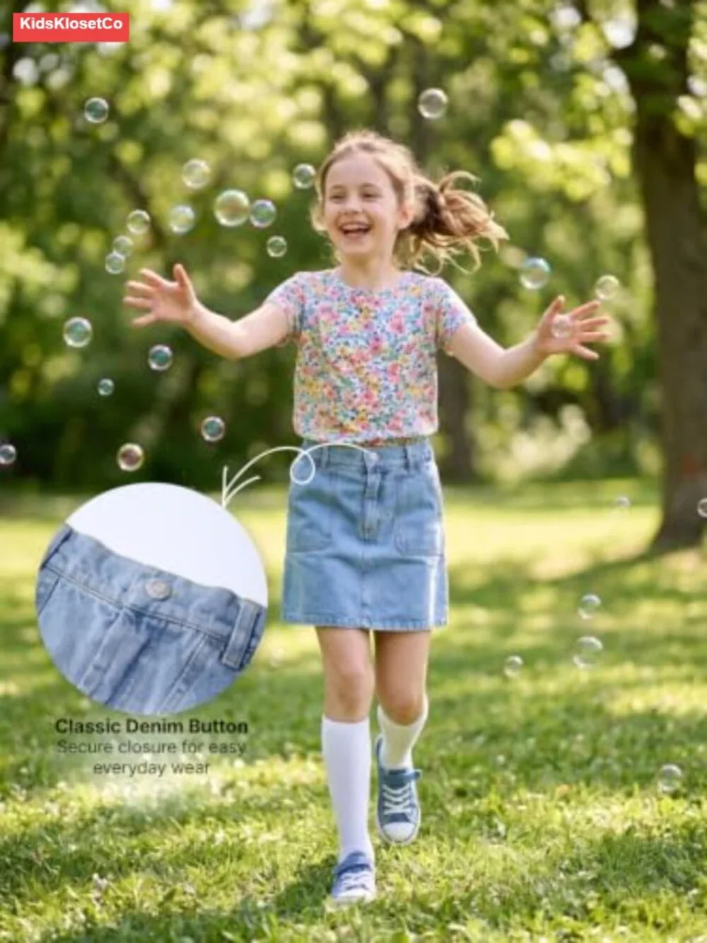 Girls A-Line Denim Skirt with Elastic Back Waistband